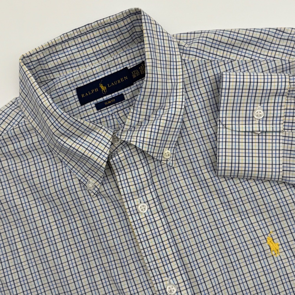 Ralph Lauren Mens Slim Fit Check Button Down Shirt Blue Yellow 17.5 36/37 Cotton